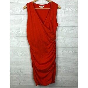 Boden Women's 14 LONG Crossover Ruched Midi Dress Sleeveless V Neck Orange